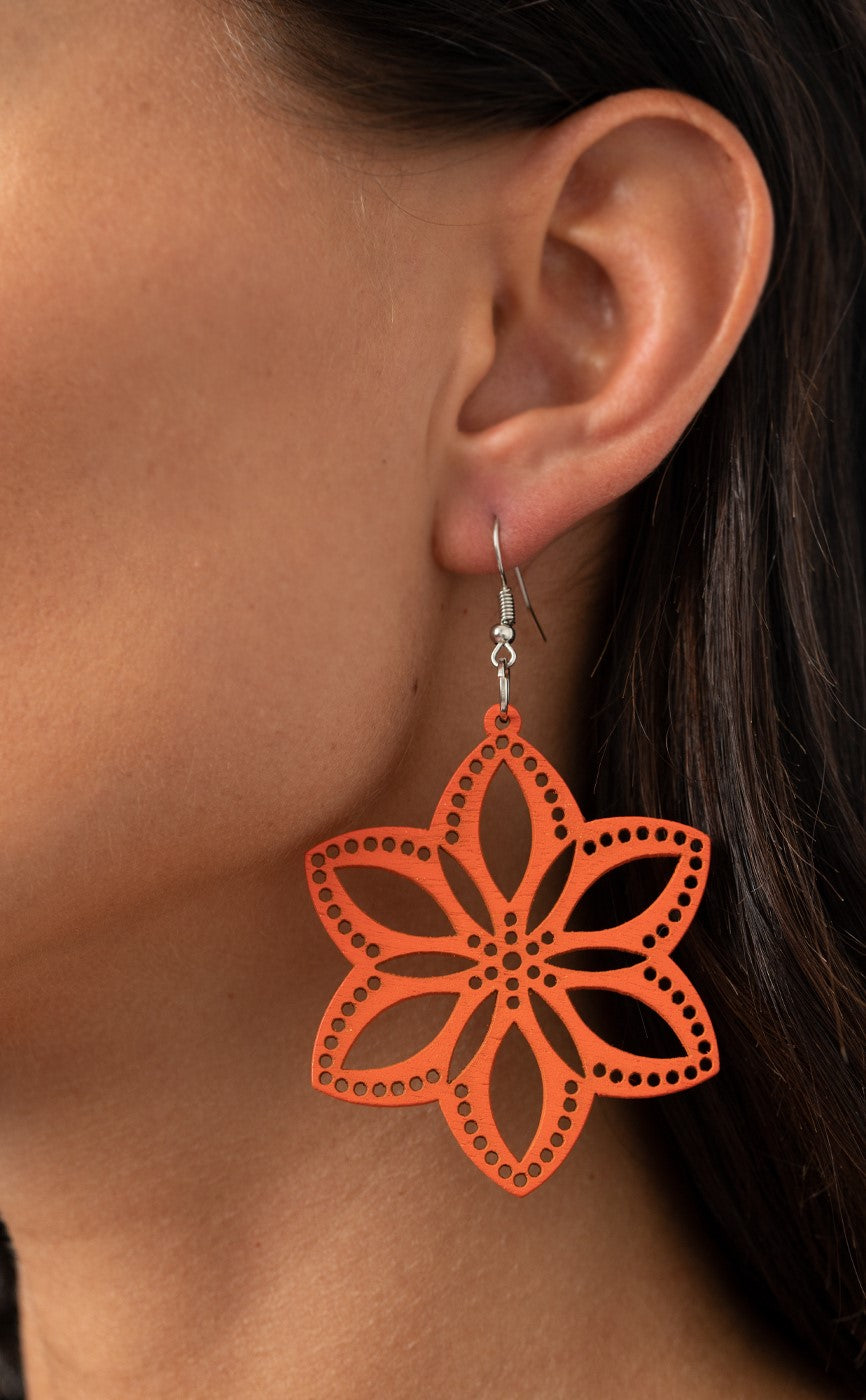 Bahama Blossoms Orange Wood Earrings