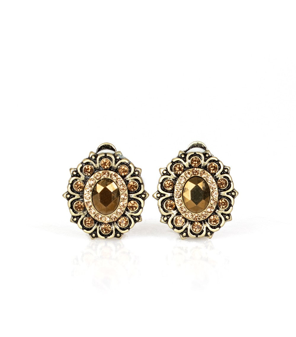 Flowering Dazzle Brass Clip-On Earrings