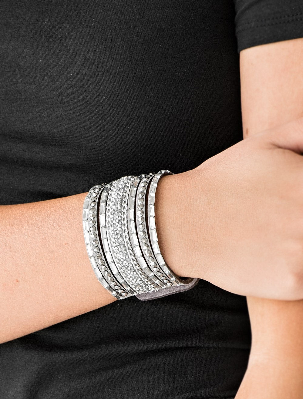 Rhinestone Rumble Silver Single Wrap Bracelet